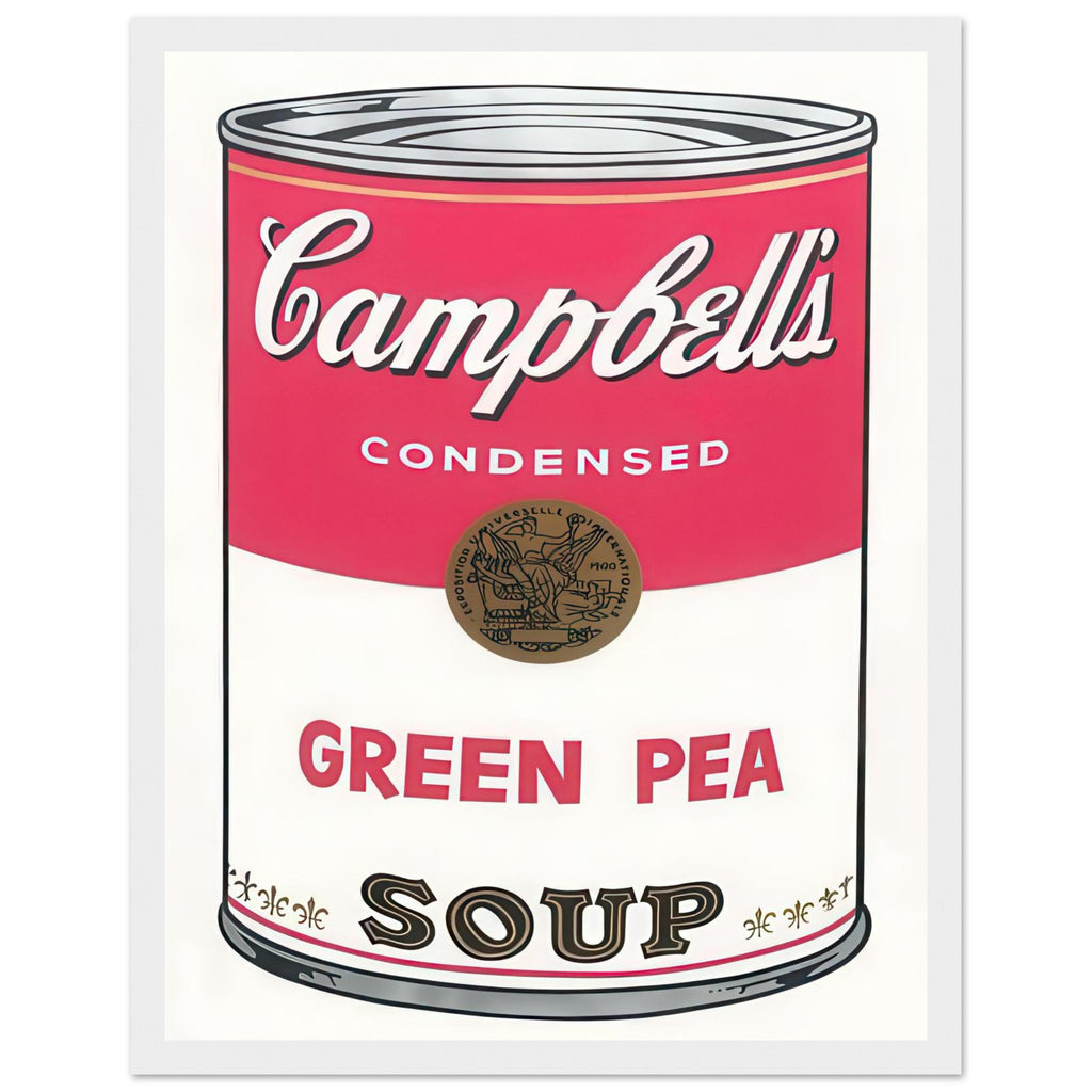 Andy Warhol framed print depicting the instantly legible soup-can silhouette, packaging lettering and product name create a highly recognizable commercial composition, white frame, 27x35 cm / 11x14″