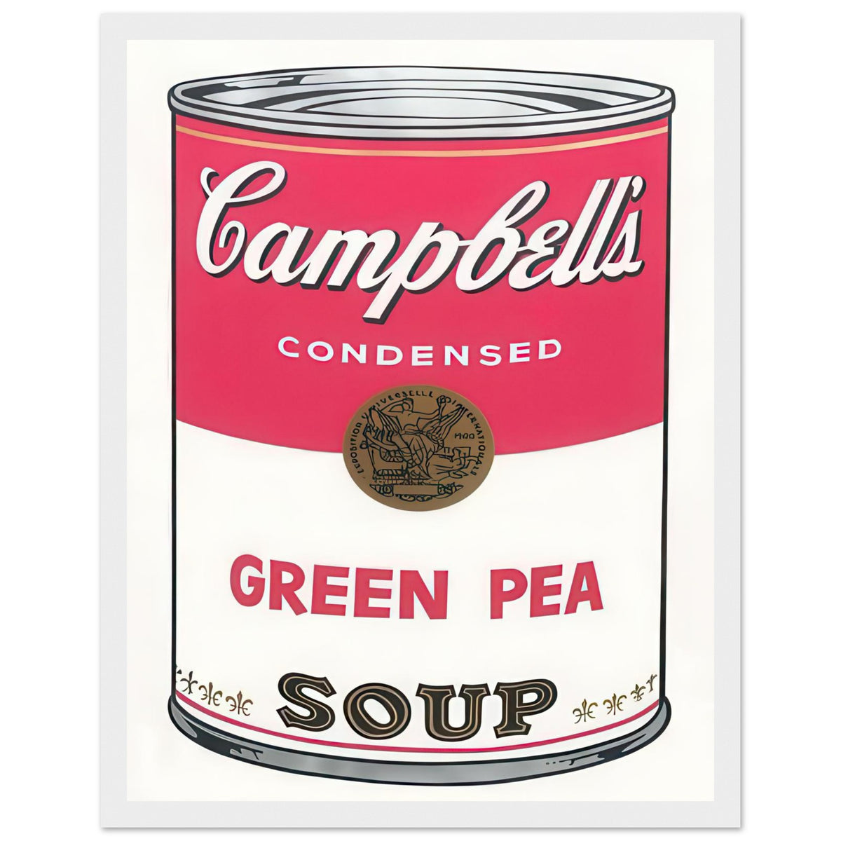 Andy Warhol framed print depicting the instantly legible soup-can silhouette, packaging lettering and product name create a highly recognizable commercial composition, white frame, 27x35 cm / 11x14″
