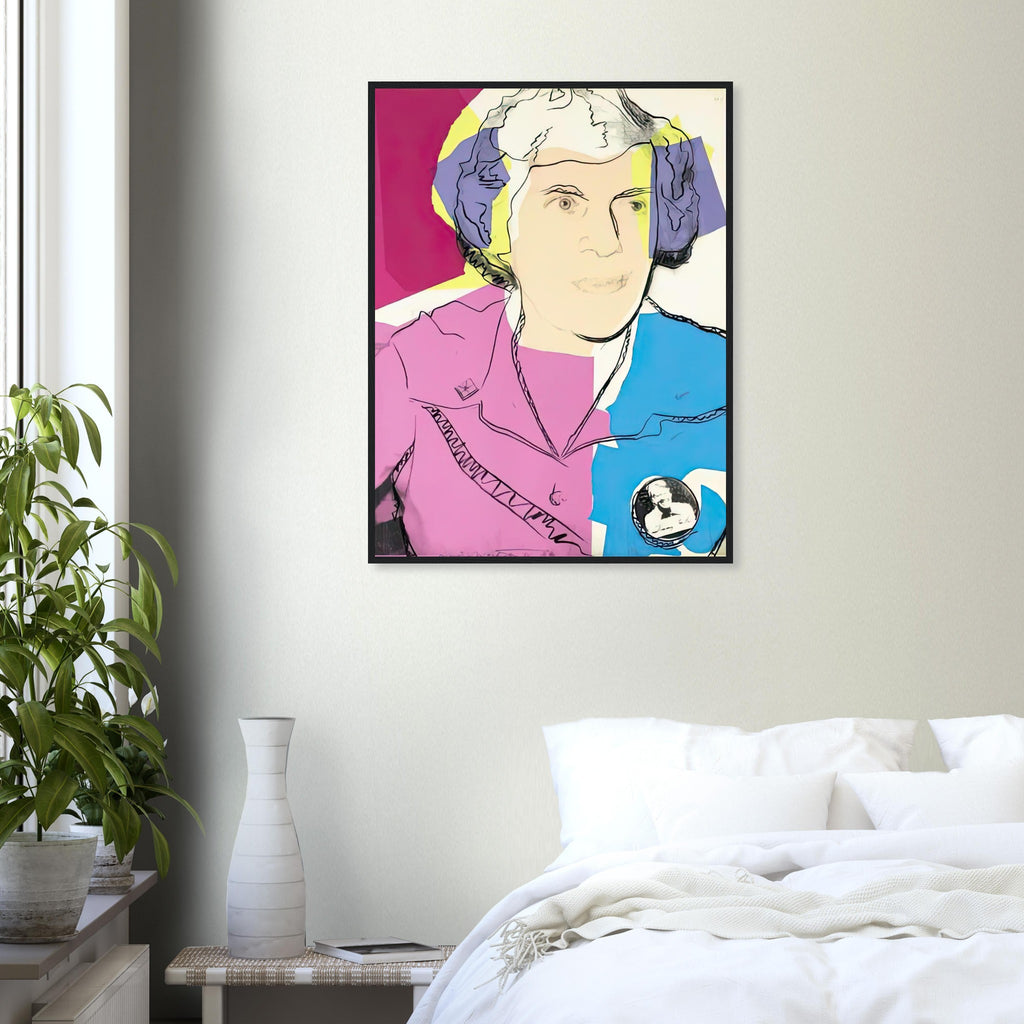 Andy Warhol framed print depicting her tailored jacket and a small Jimmy Carter campaign badge anchor the layered, partly abstract portrait; Lillian Carter, the mother of President Jimmy Carter, appears in a portrait associated with fundraising
