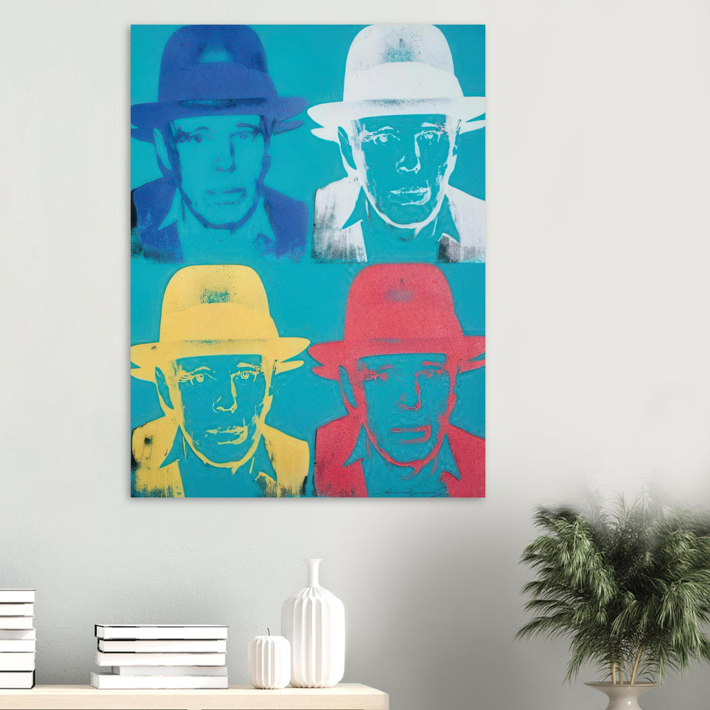 Andy Warhol poster depicting the portrait is direct and intense: the hat and centered face make Beuys recognizable, while the print’s graphic treatment pushes the likeness toward iconography