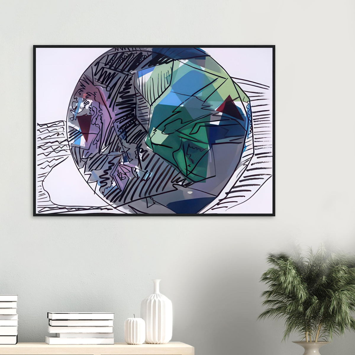 Andy Warhol framed print depicting jewel-like shapes arranged as luminous graphic forms, a detail that connects the composition to its broader artistic subject