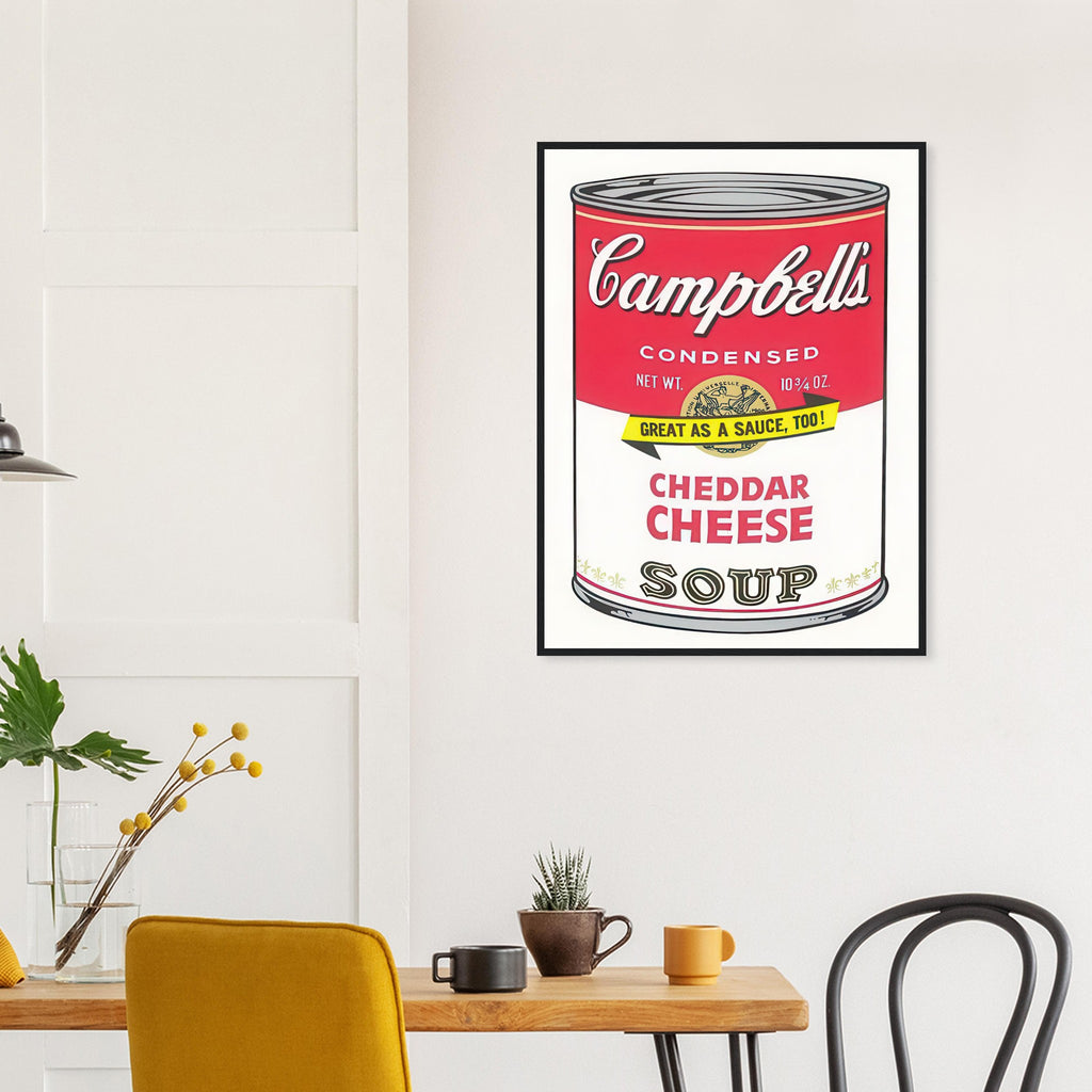 Andy Warhol framed print depicting the instantly legible soup-can silhouette, packaging lettering and product name create a highly recognizable commercial composition