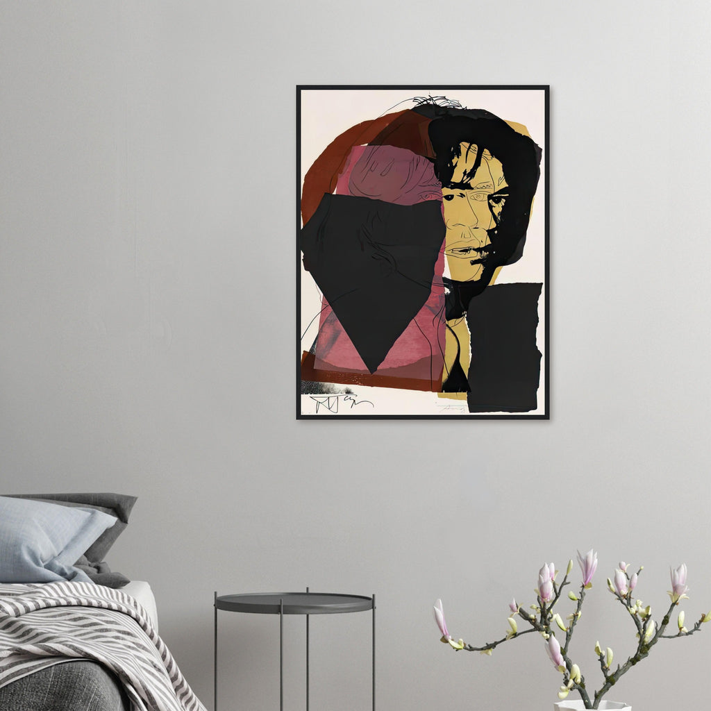Andy Warhol framed print depicting photographic tones are interrupted by hand-drawn contours, selective colour blocks and cropped facial and bodily details; Warhol’s ten Mick Jagger portraits followed a long friendship with the Rolling Stones singer, including