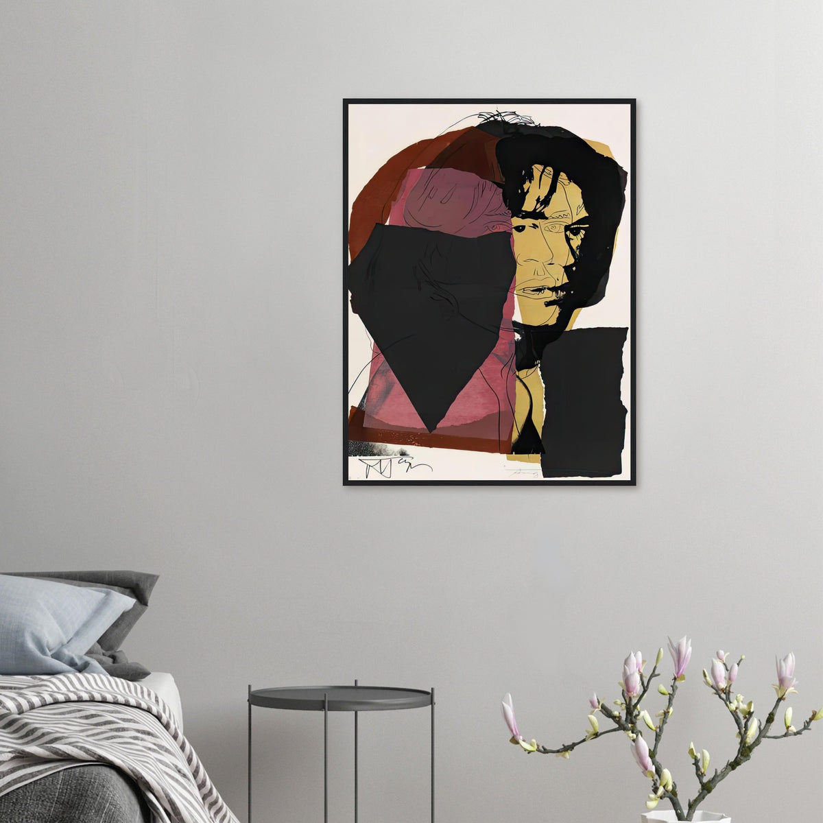 Andy Warhol framed print depicting photographic tones are interrupted by hand-drawn contours, selective colour blocks and cropped facial and bodily details; Warhol’s ten Mick Jagger portraits followed a long friendship with the Rolling Stones singer, including