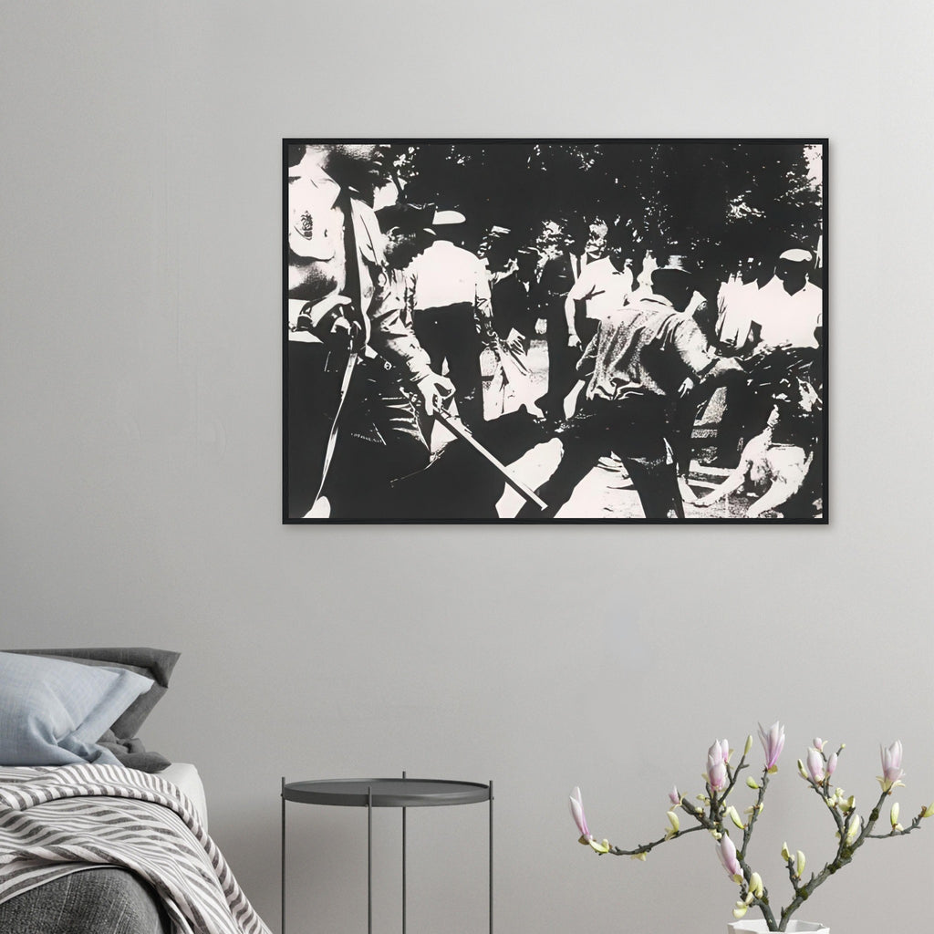 Andy Warhol framed print depicting the tense scene of a civil-rights protest and its violent repression, a detail that connects the composition to its broader artistic subject