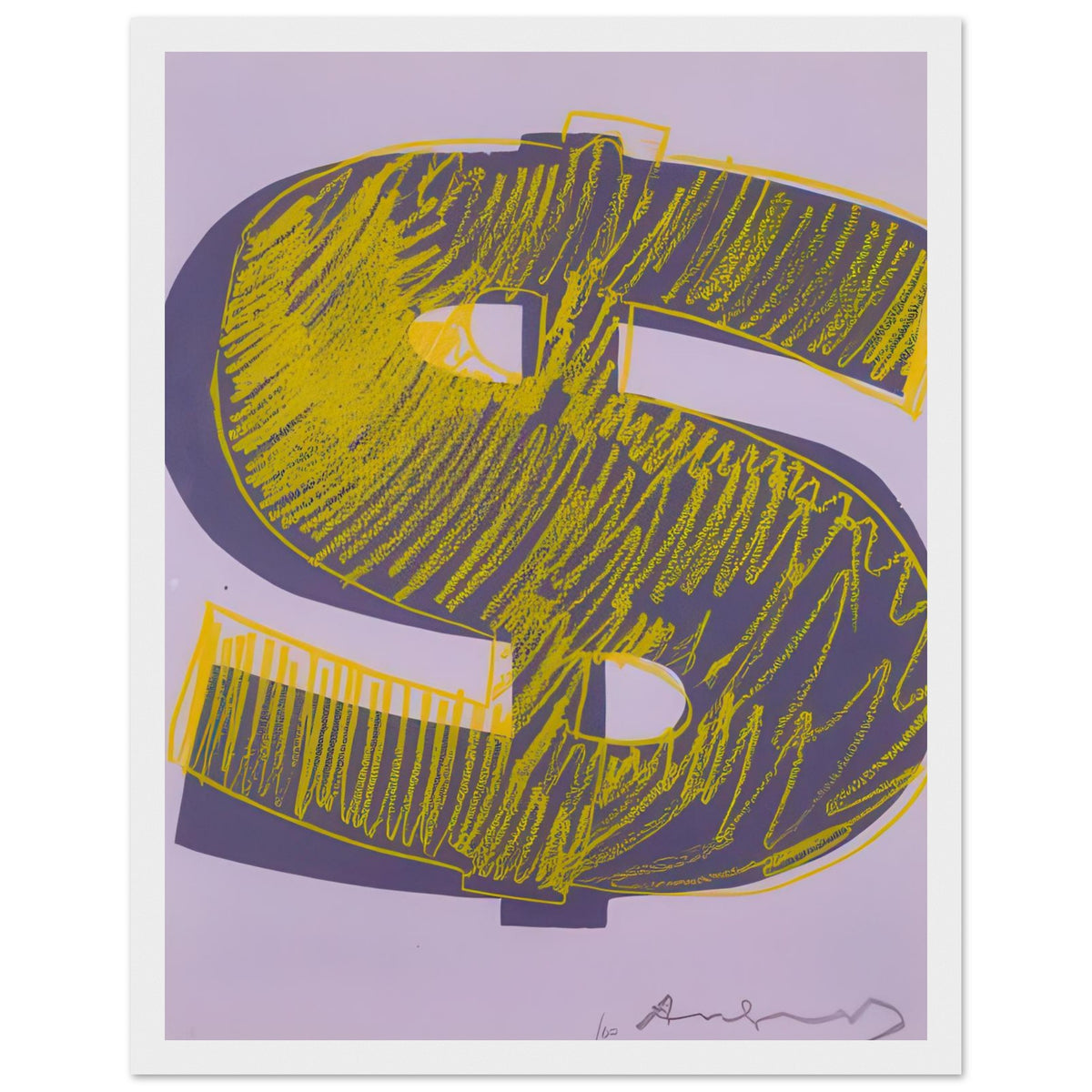 Andy Warhol framed print depicting the repeated or isolated currency mark operates like a logo: simple, recognizable and assertive, white frame, 27x35 cm / 11x14″