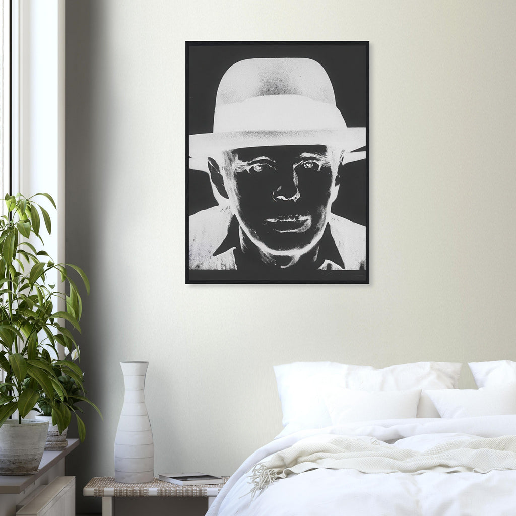 Andy Warhol framed print depicting beuys faces the viewer wearing his characteristic brimmed felt hat; Warhol portrayed fellow artist Joseph Beuys after photographing him in 1979