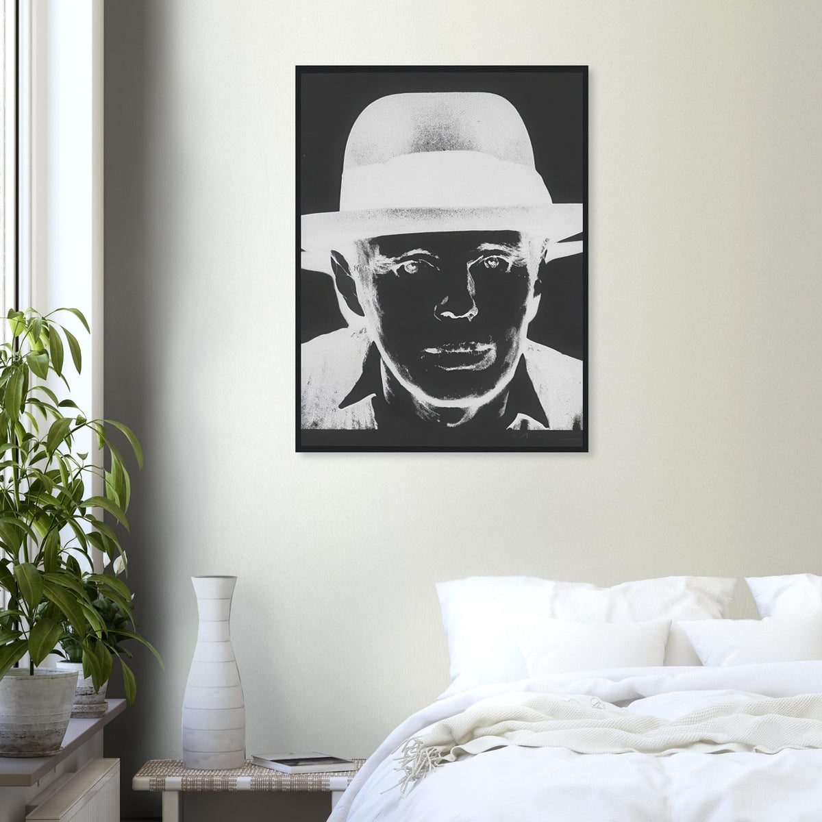 Andy Warhol framed print depicting beuys faces the viewer wearing his characteristic brimmed felt hat; Warhol portrayed fellow artist Joseph Beuys after photographing him in 1979