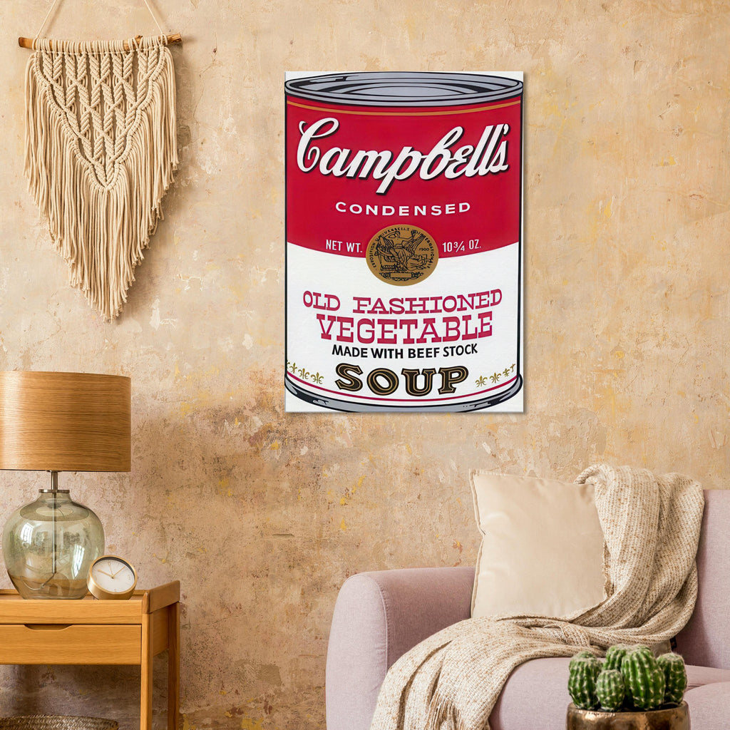 Andy Warhol canvas print depicting the instantly legible soup-can silhouette, packaging lettering and product name create a highly recognizable commercial composition