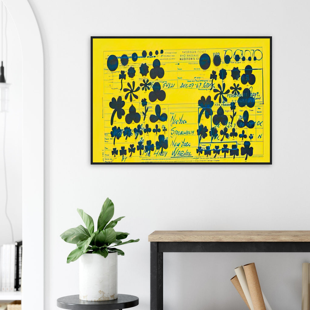 Andy Warhol framed print depicting a travel document with typography and graphic information, a detail that connects the composition to its broader artistic subject