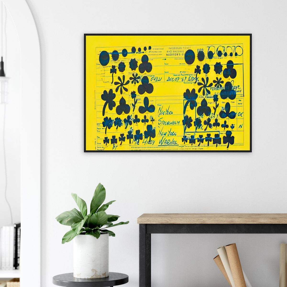 Andy Warhol framed print depicting a travel document with typography and graphic information, a detail that connects the composition to its broader artistic subject