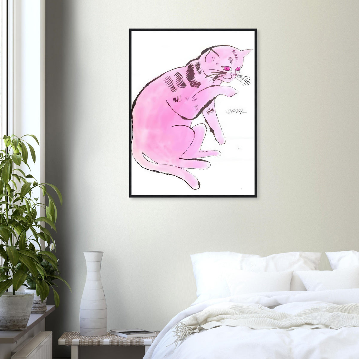 Andy Warhol framed print depicting a spare contour drawing gives the animal its personality, while uncomplicated forms keep the focus on the cat’s outline and pose