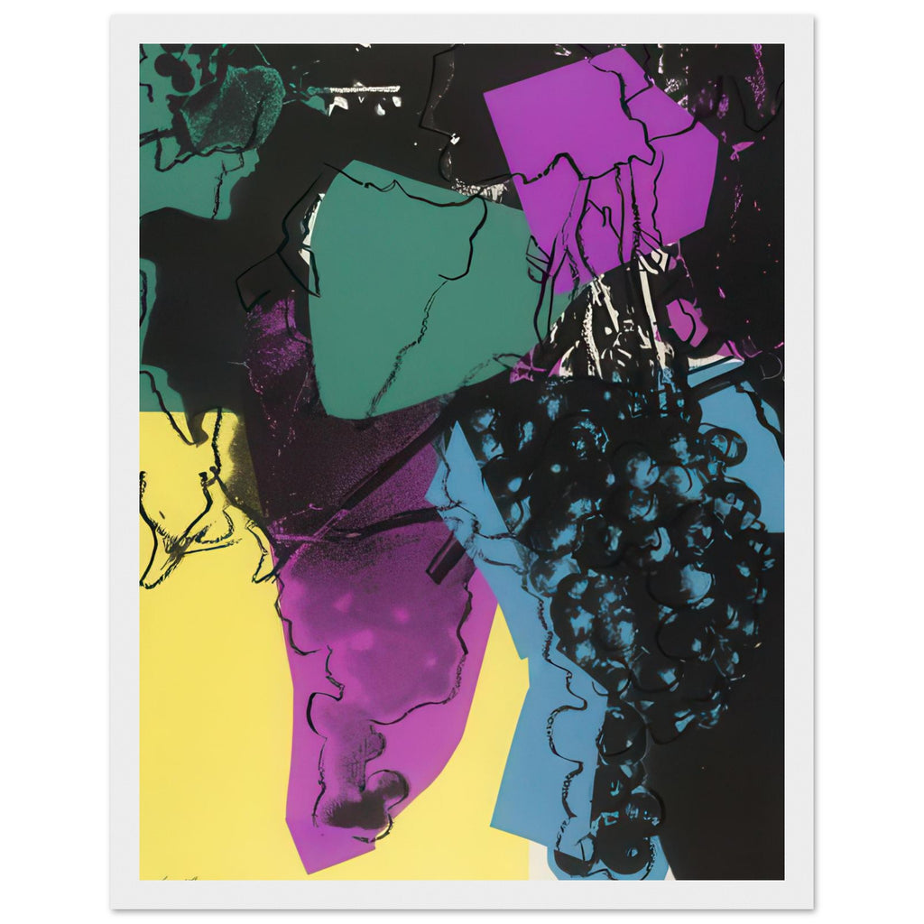 Andy Warhol framed print depicting rounded grape forms and flowing stems provide a decorative rhythm, while the composition feels more graphic than naturalistic, white frame, 27x35 cm / 11x14″