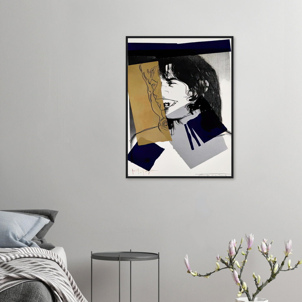 Andy Warhol framed print depicting photographic tones are interrupted by hand-drawn contours, selective colour blocks and cropped facial and bodily details; Warhol’s ten Mick Jagger portraits followed a long friendship with the Rolling Stones singer, including