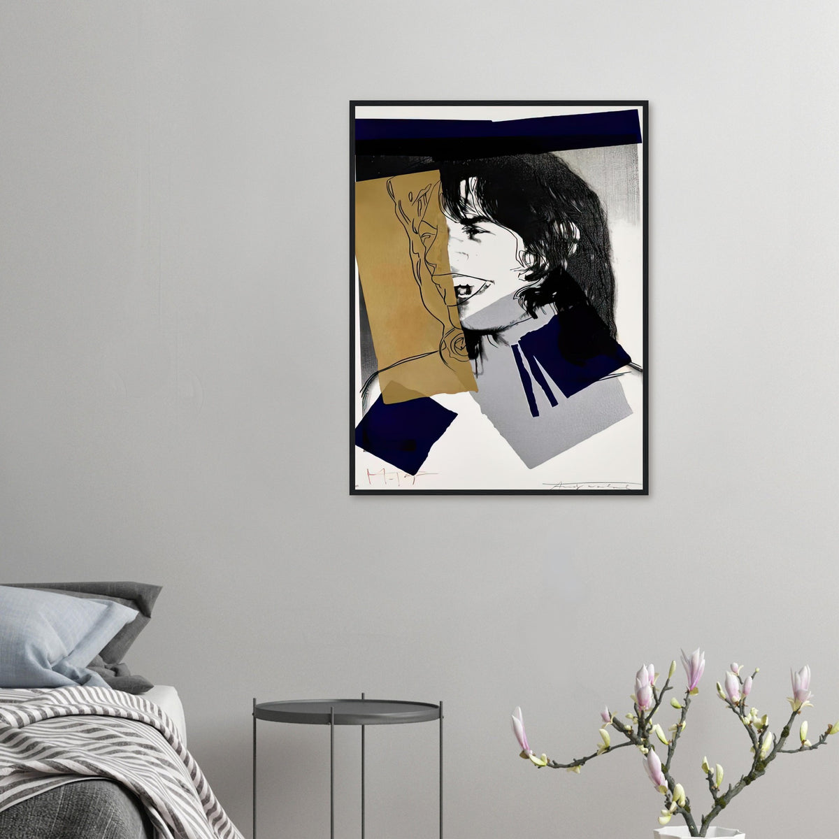 Andy Warhol framed print depicting photographic tones are interrupted by hand-drawn contours, selective colour blocks and cropped facial and bodily details; Warhol’s ten Mick Jagger portraits followed a long friendship with the Rolling Stones singer, including