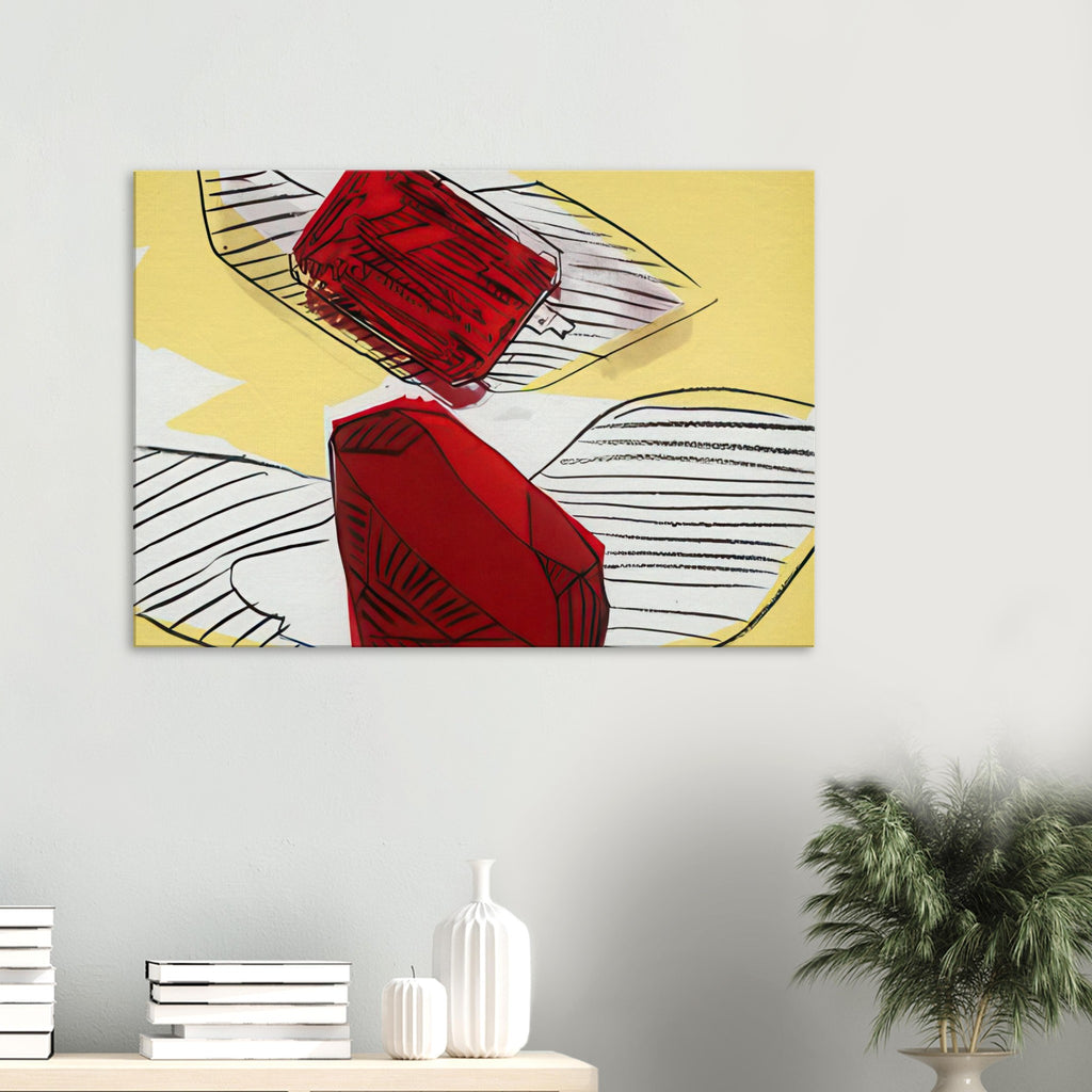 Andy Warhol canvas print depicting jewel-like shapes arranged as luminous graphic forms, a detail that connects the composition to its broader artistic subject