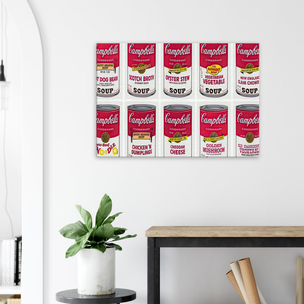 Andy Warhol canvas print depicting repeated supermarket soup packaging and familiar red-and-white labels, a detail that connects the composition to its broader artistic subject
