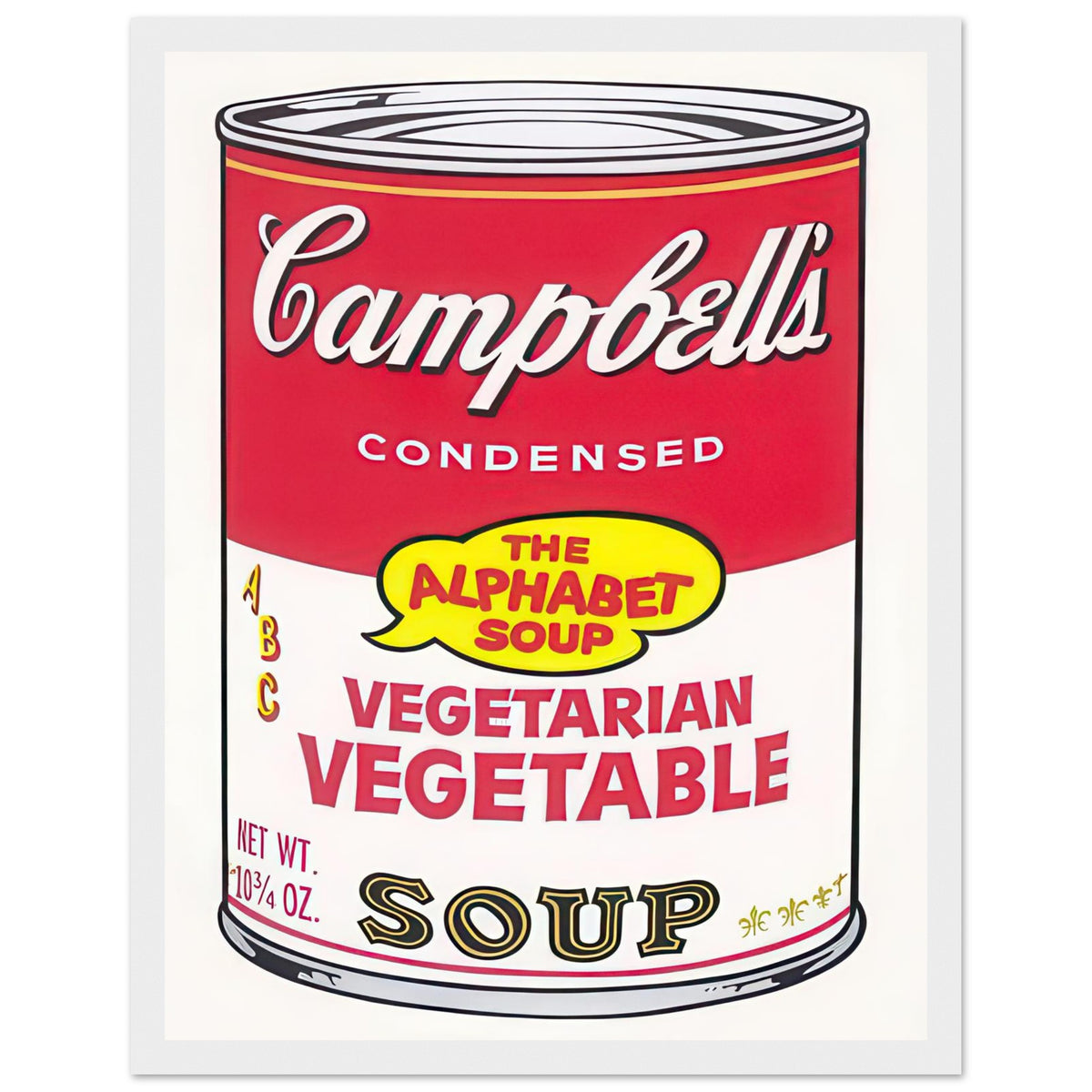 Andy Warhol framed print depicting the instantly legible soup-can silhouette, packaging lettering and product name create a highly recognizable commercial composition, white frame, 27x35 cm / 11x14″