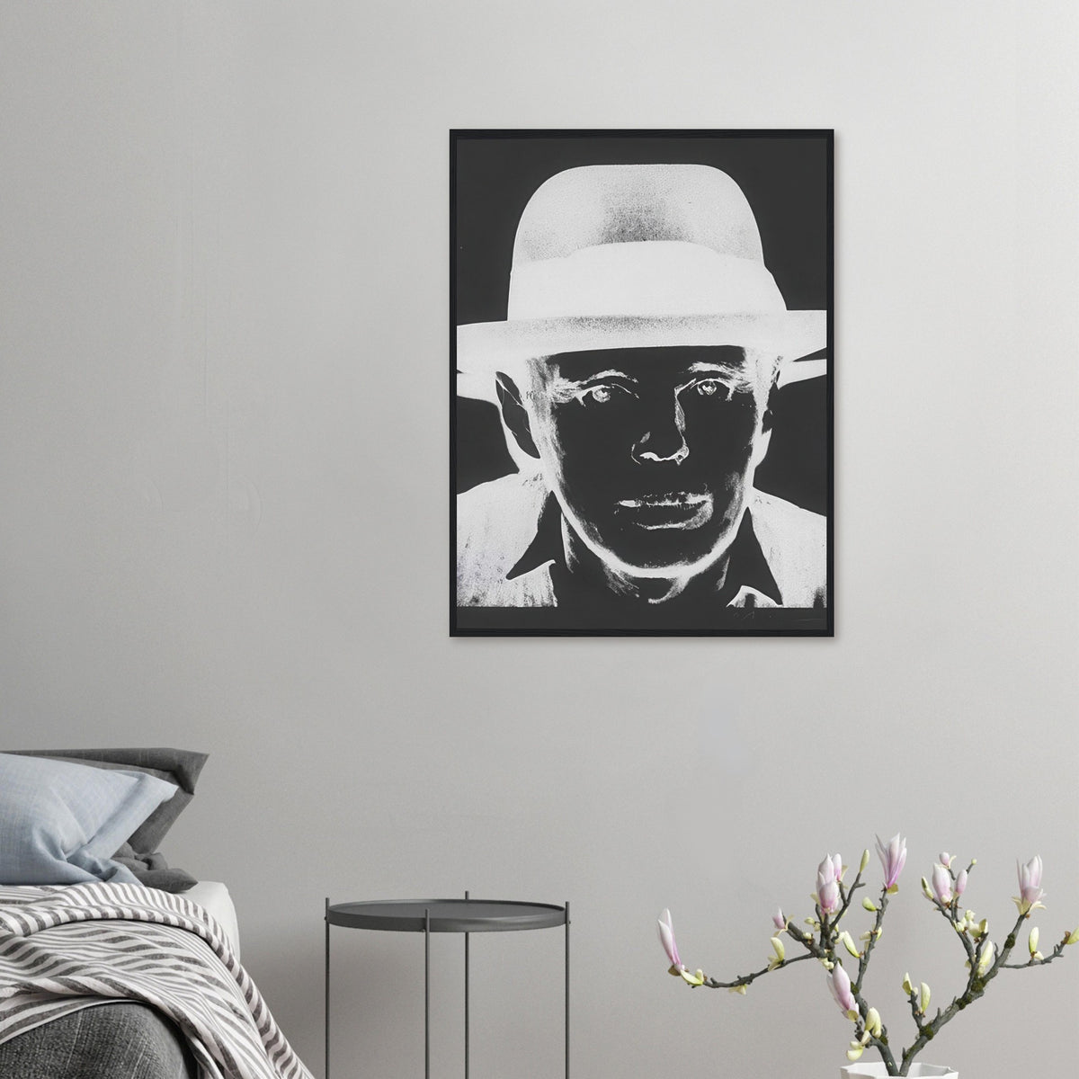 Andy Warhol framed print depicting beuys faces the viewer wearing his characteristic brimmed felt hat; Warhol portrayed fellow artist Joseph Beuys after photographing him in 1979