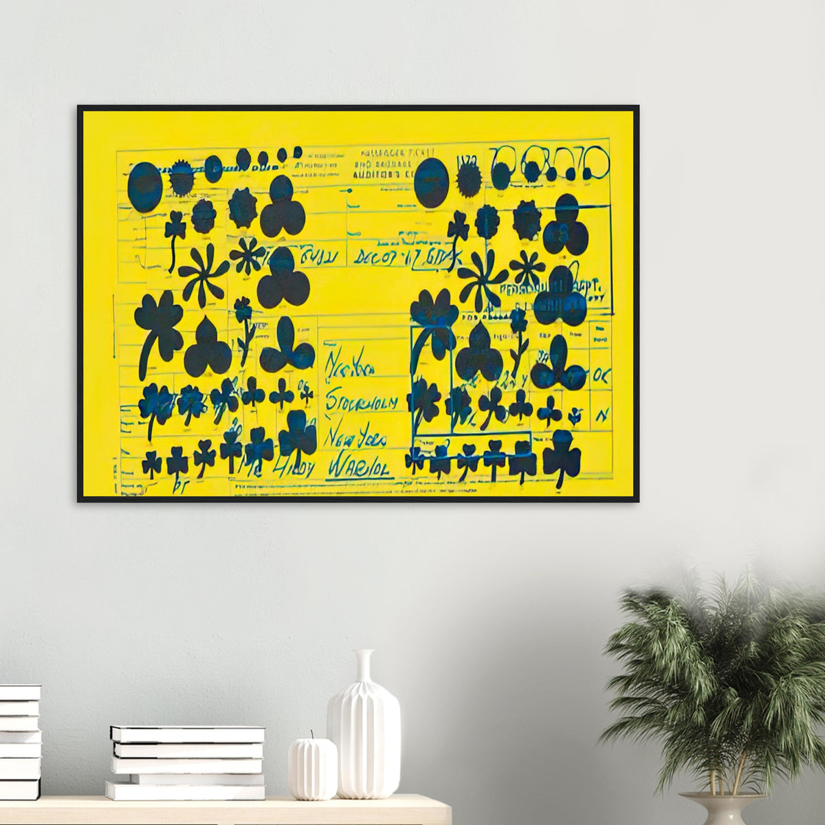Andy Warhol framed print depicting a travel document with typography and graphic information, a detail that connects the composition to its broader artistic subject