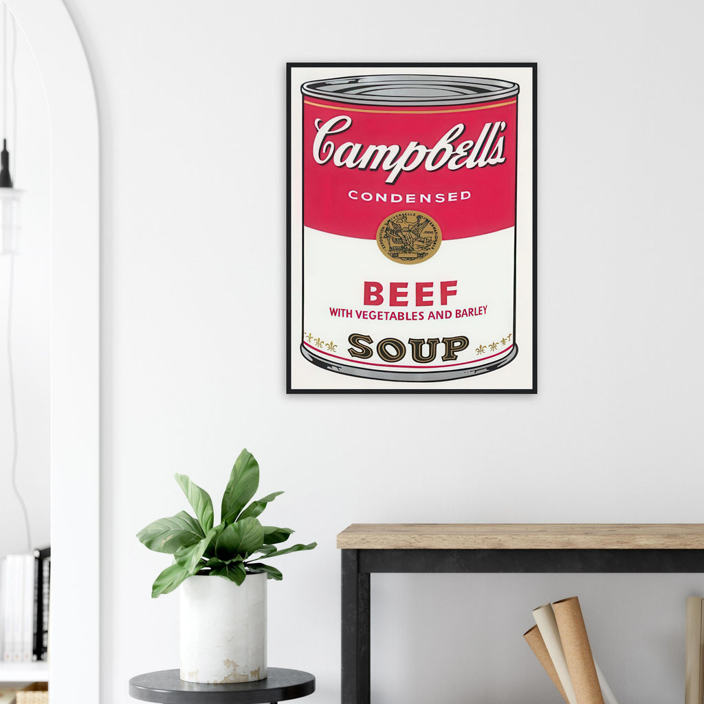 Andy Warhol framed print depicting the instantly legible soup-can silhouette, packaging lettering and product name create a highly recognizable commercial composition