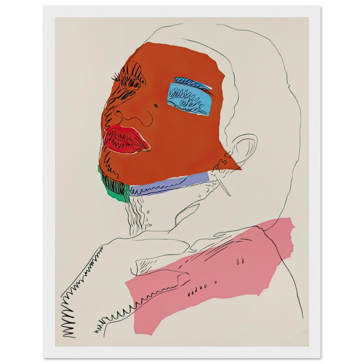 Andy Warhol framed print depicting areas of saturated colour and loose, sometimes deliberately displaced contours interact with the sitter’s photographic likeness; The Ladies and Gentlemen project portrays transgender women and drag performers from New York, including, white frame, 27x35 cm / 11x14″