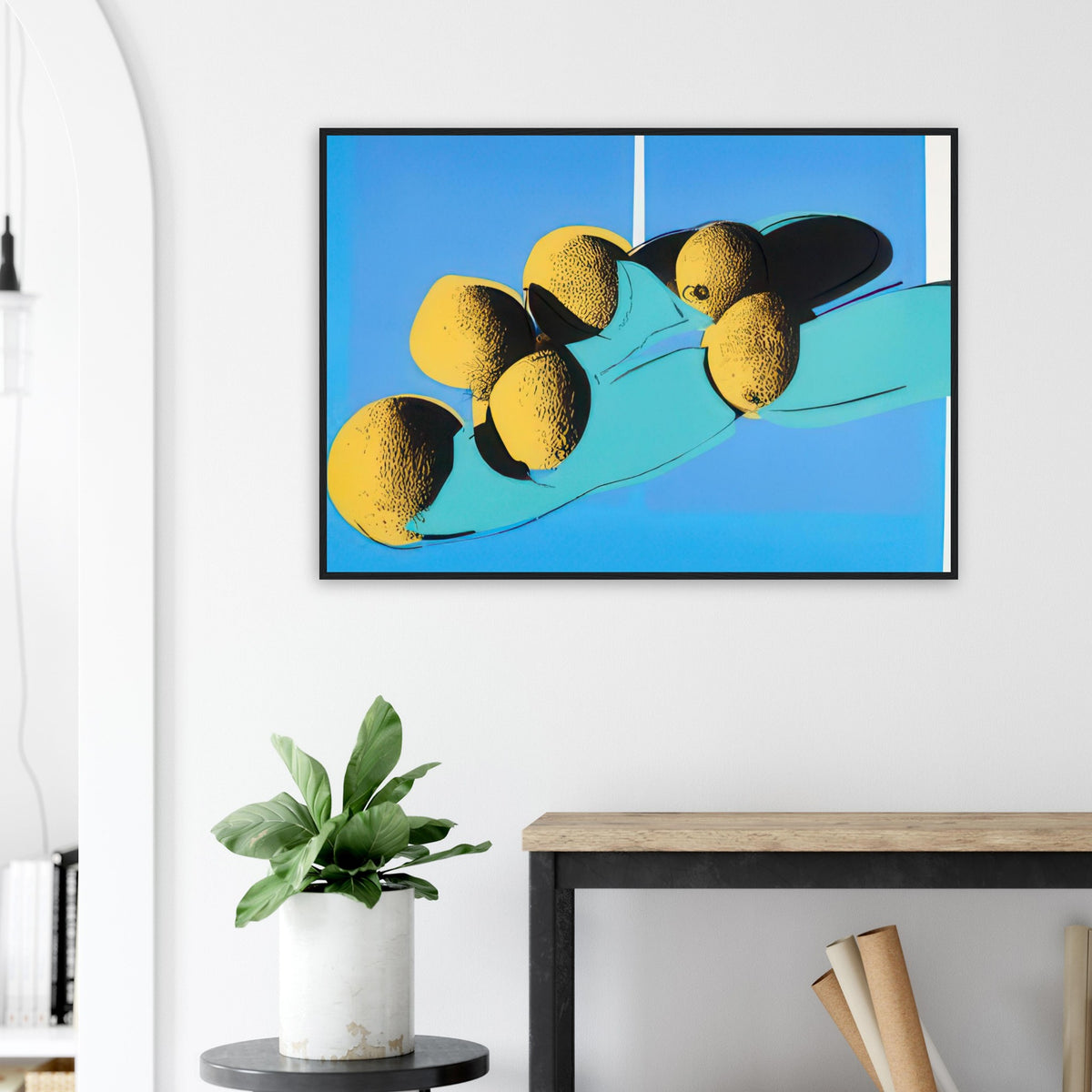 Andy Warhol framed print depicting rounded fruit forms, expressive edges and the recognizable shapes of cantaloupes, a detail that connects the composition to its broader artistic subject
