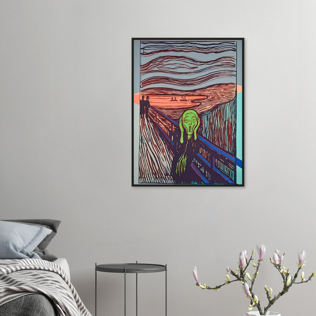 Andy Warhol framed print depicting the familiar anguished figure and its expressive gesture supply a point of recognition; graphic repetition and strong contours shift the emphasis toward the image’s public life as an icon; Warhol’s work titled The Scream references a famous expressionist image, a reminder that he sometimes
