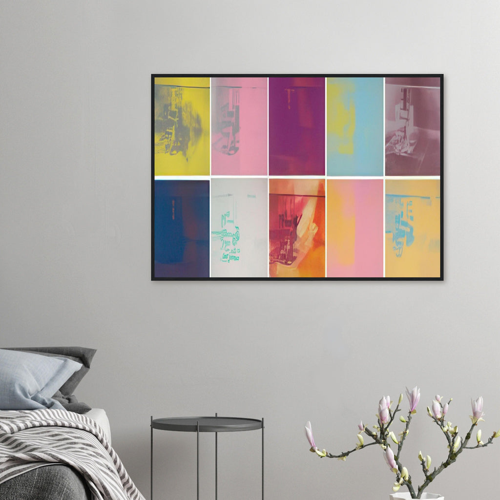 Andy Warhol framed print depicting the stark chair, its surroundings and the tense emptiness of the room, a detail that connects the composition to its broader artistic subject