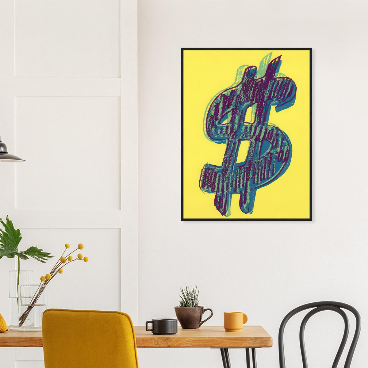 Andy Warhol framed print depicting the repeated or isolated currency mark operates like a logo: simple, recognizable and assertive