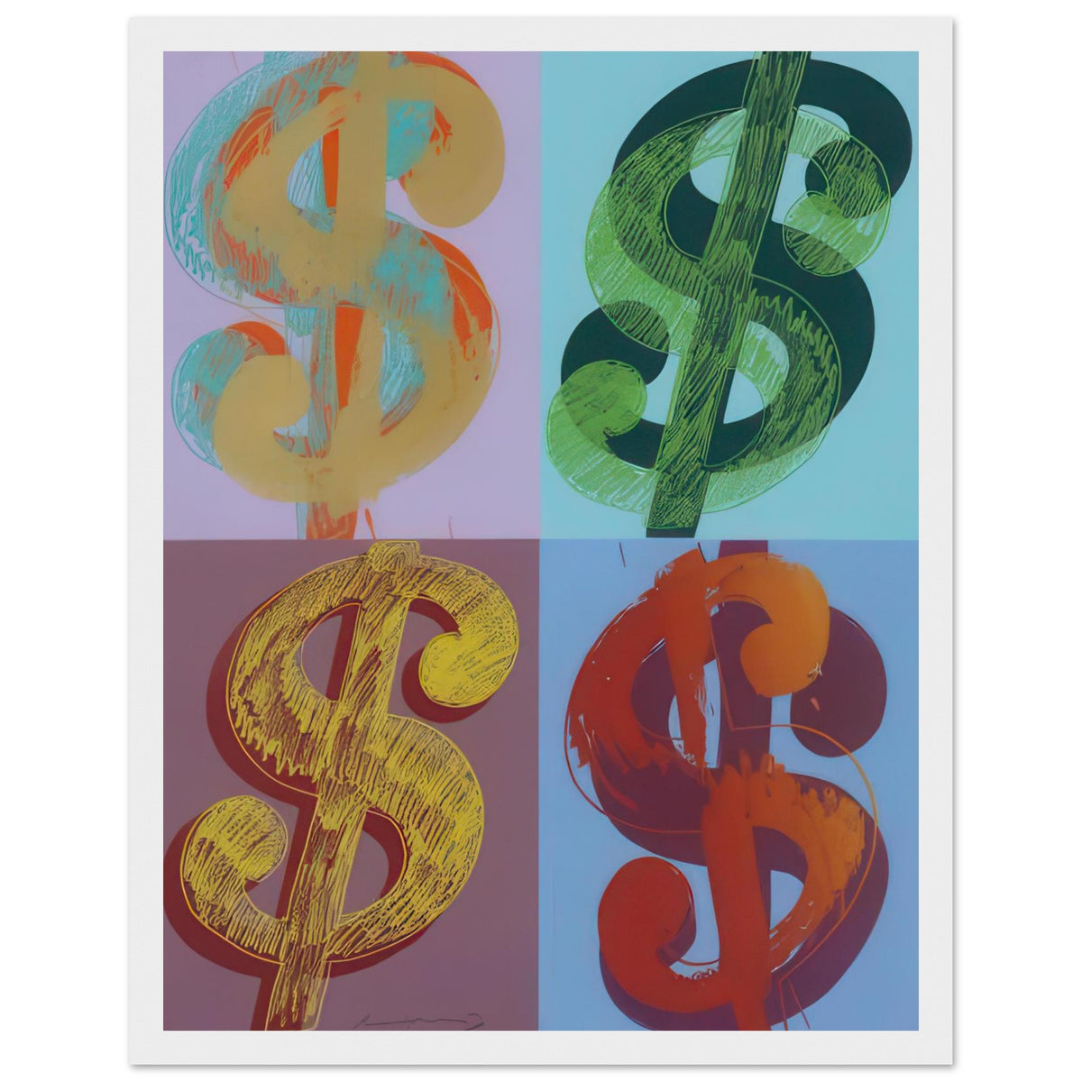 Andy Warhol framed print depicting the repeated or isolated currency mark operates like a logo: simple, recognizable and assertive, white frame, 27x35 cm / 11x14″