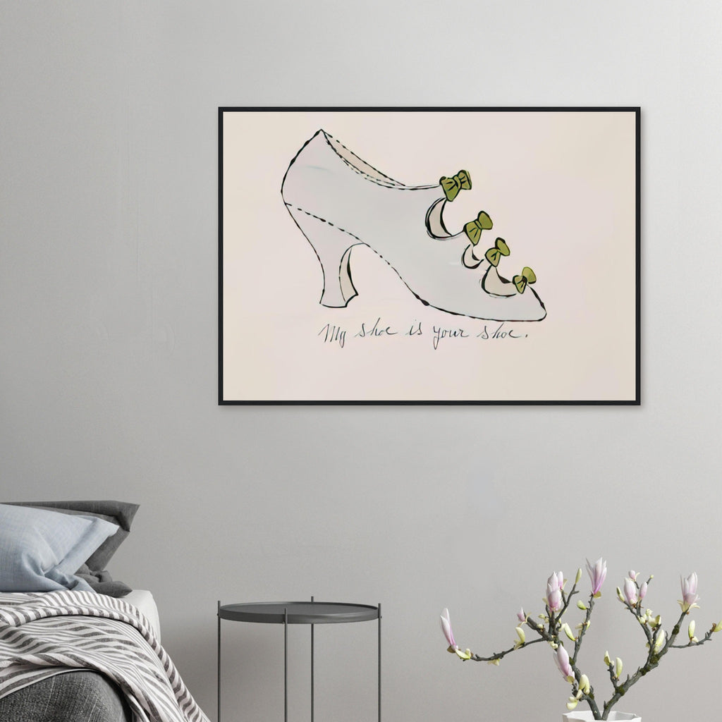 Andy Warhol framed print depicting playfully drawn footwear with expressive line work, a detail that connects the composition to its broader artistic subject