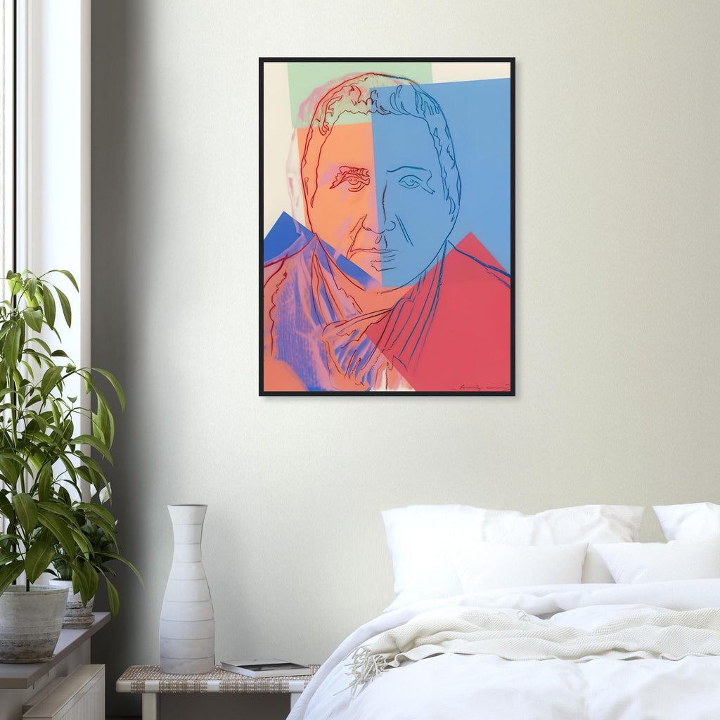 Andy Warhol framed print depicting the image centers on a distinctive likeness rather than narrative scenery; line and simplified contrast make the person the focus