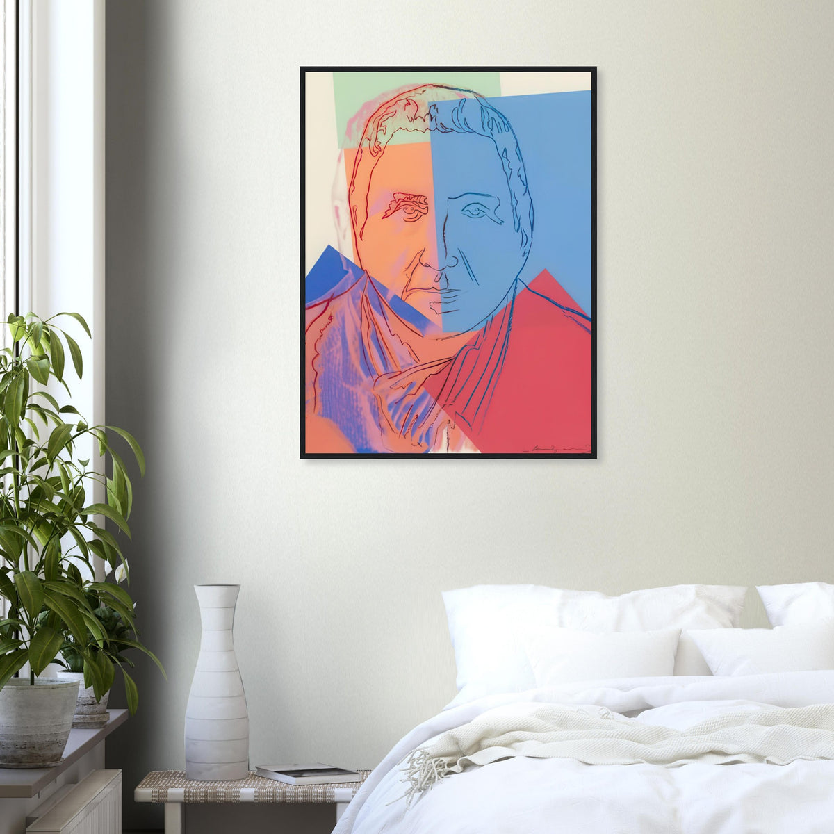 Andy Warhol framed print depicting the image centers on a distinctive likeness rather than narrative scenery; line and simplified contrast make the person the focus