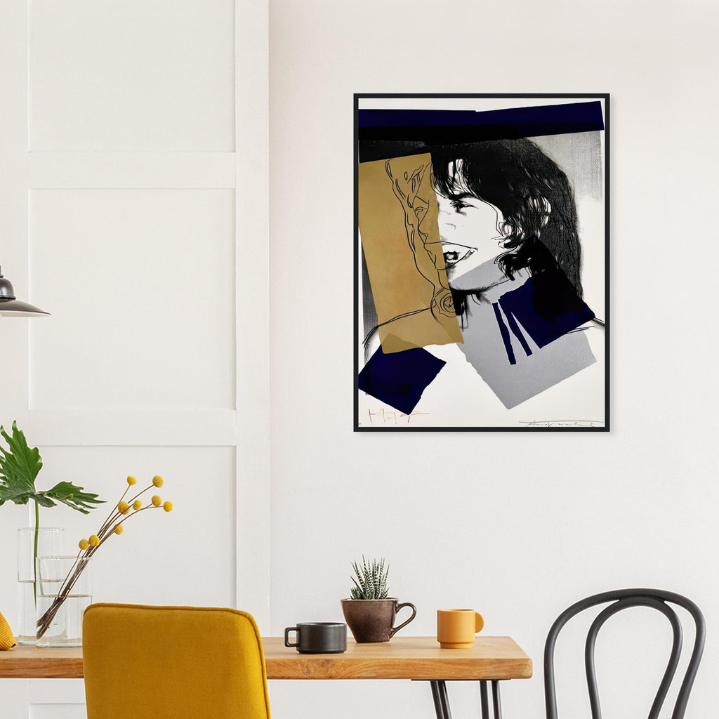 Andy Warhol framed print depicting photographic tones are interrupted by hand-drawn contours, selective colour blocks and cropped facial and bodily details; Warhol’s ten Mick Jagger portraits followed a long friendship with the Rolling Stones singer, including