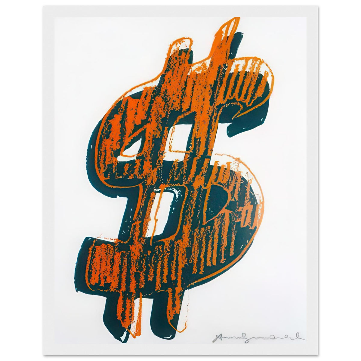 Andy Warhol framed print depicting the repeated or isolated currency mark operates like a logo: simple, recognizable and assertive, white frame, 27x35 cm / 11x14″