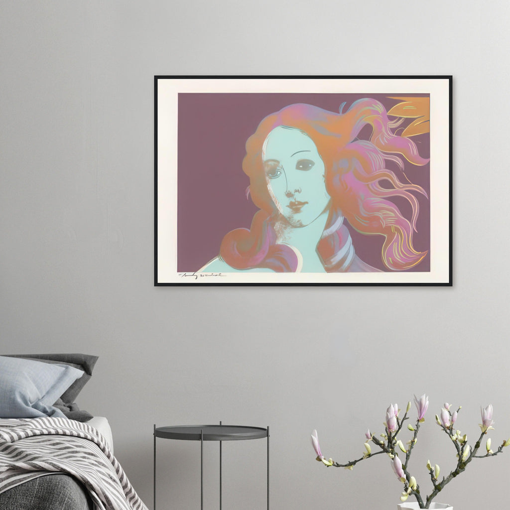 Andy Warhol framed print depicting venus emerging from the sea in a detail from the Renaissance painting, a detail that connects the composition to its broader artistic subject