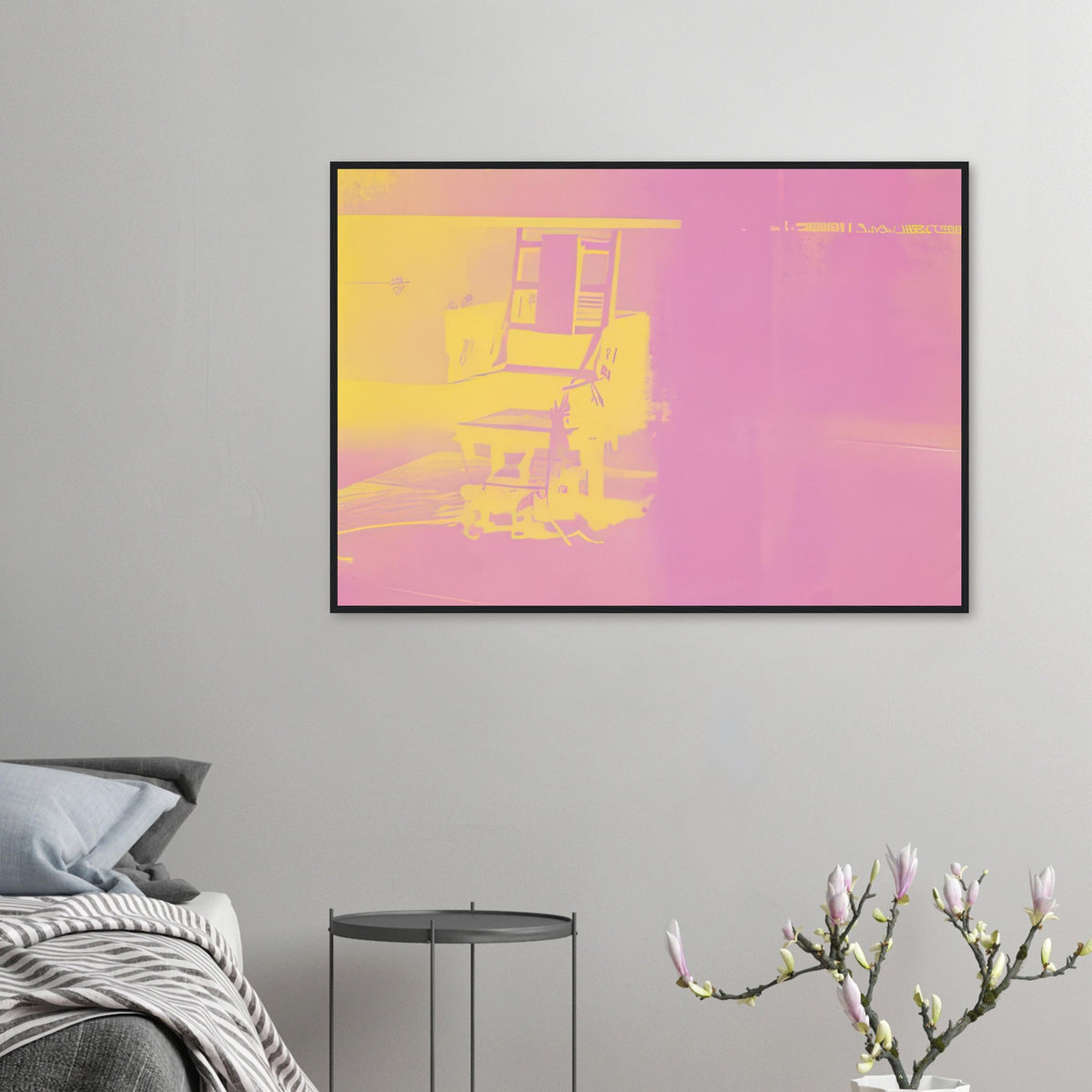 Andy Warhol framed print depicting the stark chair, its surroundings and the tense emptiness of the room, a detail that connects the composition to its broader artistic subject