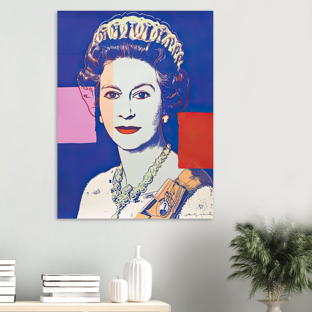 Andy Warhol poster depicting the recognizable royal portrait becomes a strong graphic focal point