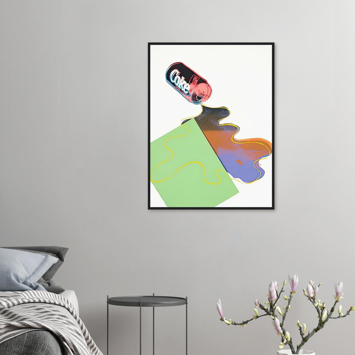 Andy Warhol framed print depicting a toppled Coca-Cola can appears to spill its contents, with colourful outlines exaggerating the ordinary action; New Coke was created in the year Coca-Cola introduced a controversial reformulated drink