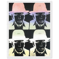 Andy Warhol framed print depicting dark facial areas are crossed by pastel ombré highlights, with the hat and jacket emerging from near-black tones; Warhol portrayed fellow artist Joseph Beuys after photographing him in 1979, white frame, 27x35 cm / 11x14″