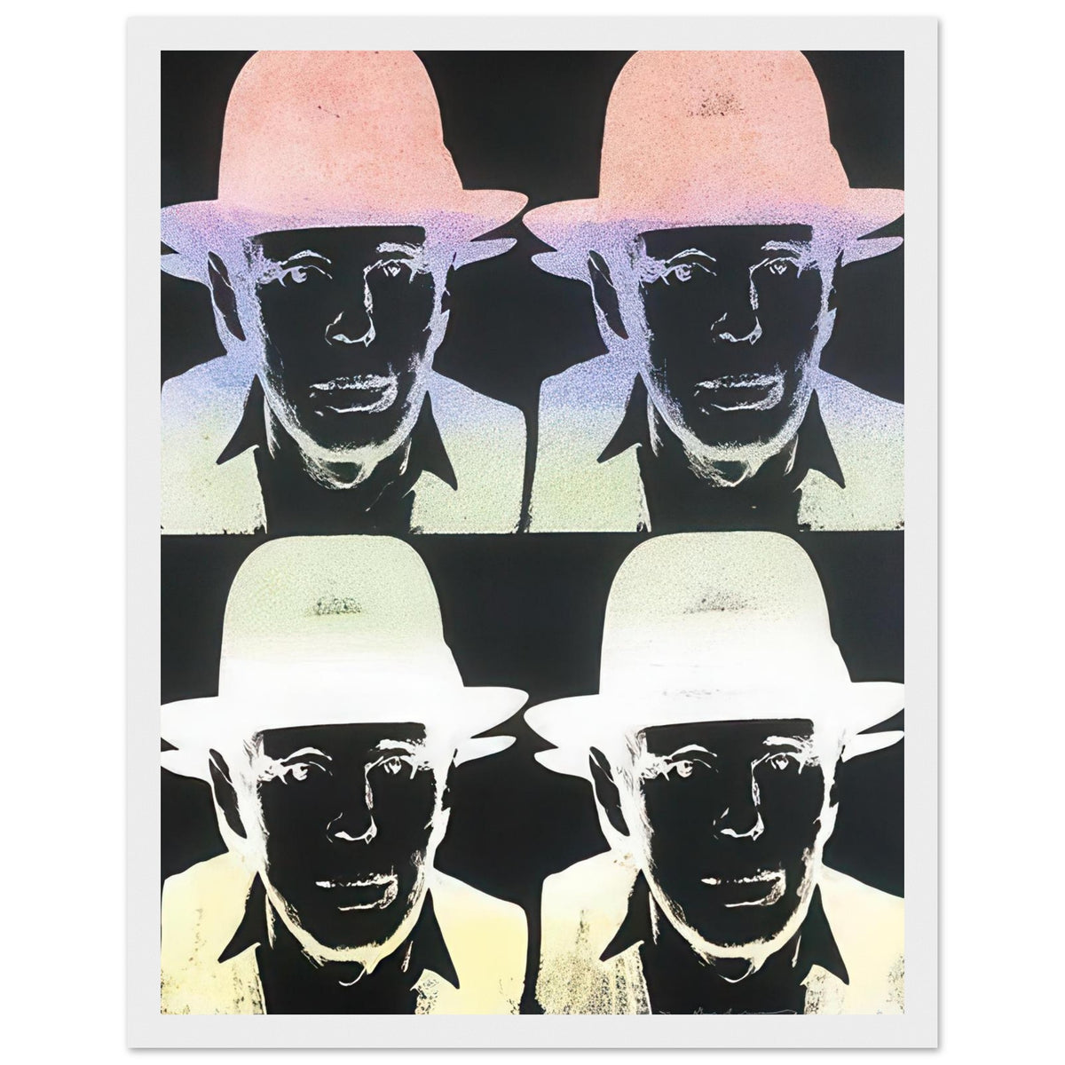 Andy Warhol framed print depicting dark facial areas are crossed by pastel ombré highlights, with the hat and jacket emerging from near-black tones; Warhol portrayed fellow artist Joseph Beuys after photographing him in 1979, white frame, 27x35 cm / 11x14″