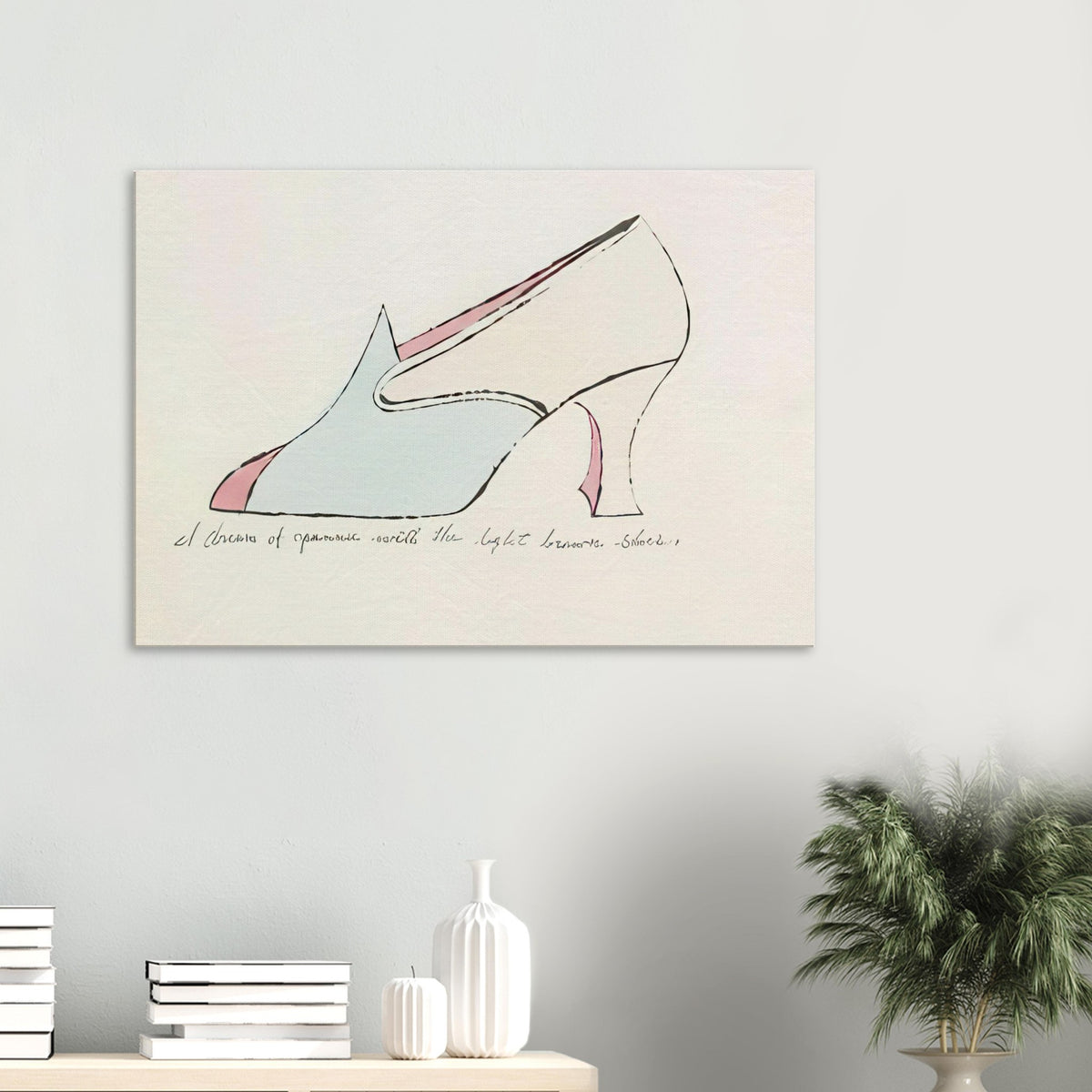 Andy Warhol canvas print depicting playfully drawn footwear with expressive line work, a detail that connects the composition to its broader artistic subject