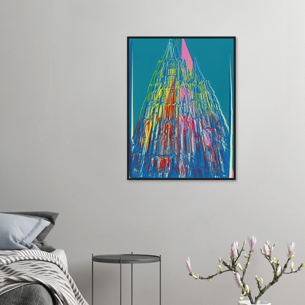 Andy Warhol framed print depicting the cathedral’s soaring spires and intricate façade give the poster a strong vertical architectural structure, providing an unusual counterpart to the artist’s better-known celebrity faces