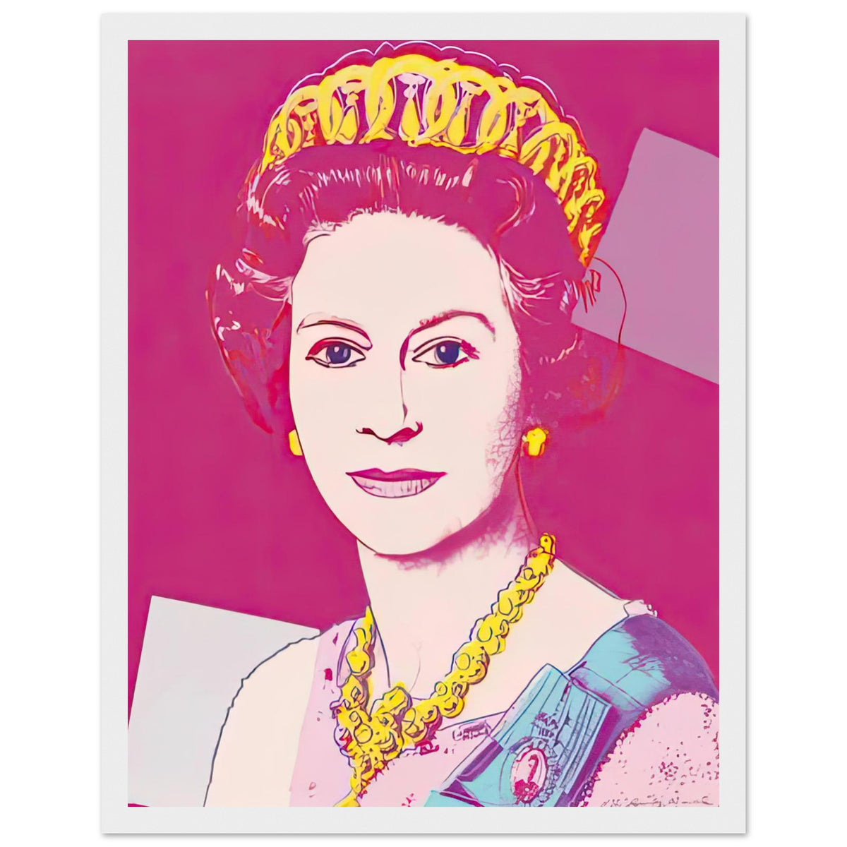 Andy Warhol framed print depicting this work depicts Queen Elizabeth II of the United Kingdom; The Reigning Queens portfolio presented four women who held ruling power in their own right: Elizabeth, white frame, 27x35 cm / 11x14″