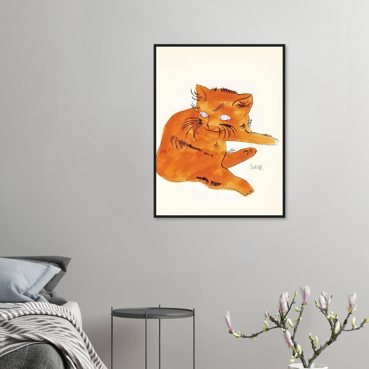 Andy Warhol framed print depicting a spare contour drawing gives the animal its personality, while uncomplicated forms keep the focus on the cat’s outline and pose