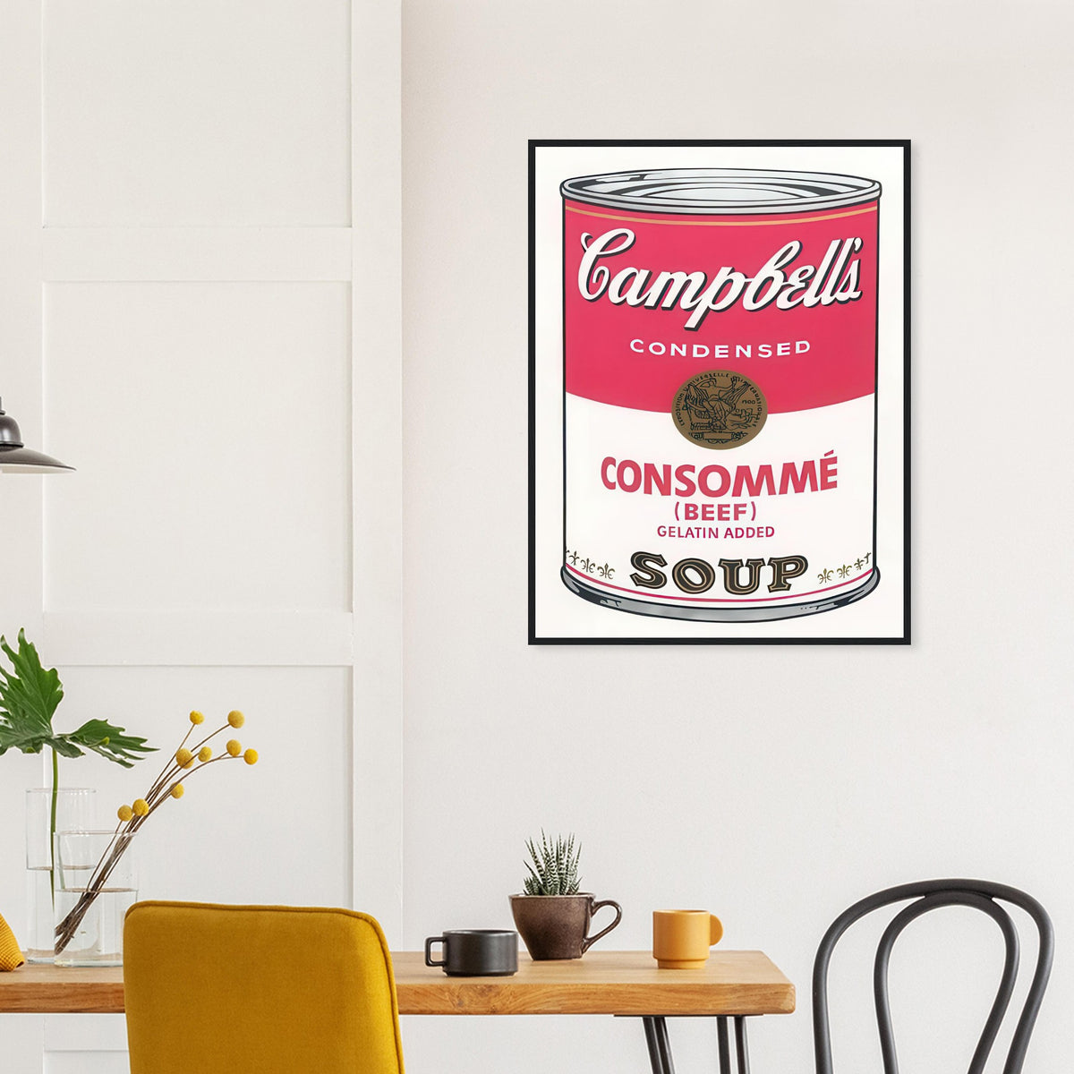 Andy Warhol framed print depicting the instantly legible soup-can silhouette, packaging lettering and product name create a highly recognizable commercial composition