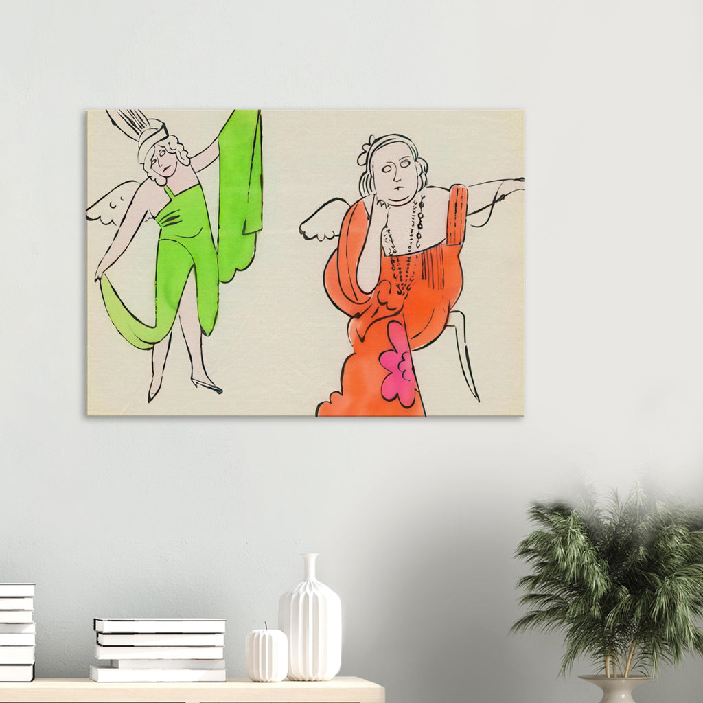 Andy Warhol canvas print depicting fantastical, decorative figures and storybook-like imagery, a detail that connects the composition to its broader artistic subject