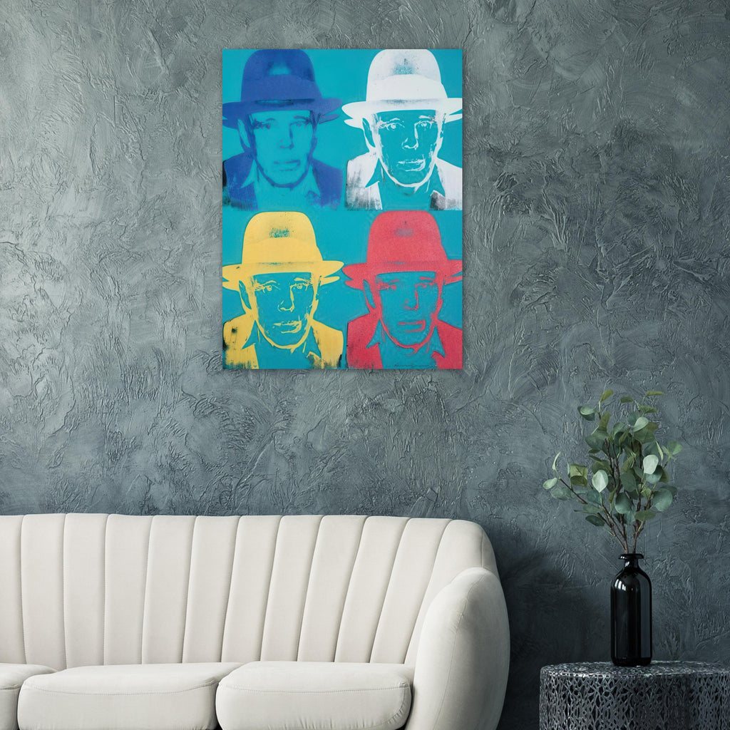 Andy Warhol poster depicting the portrait is direct and intense: the hat and centered face make Beuys recognizable, while the print’s graphic treatment pushes the likeness toward iconography