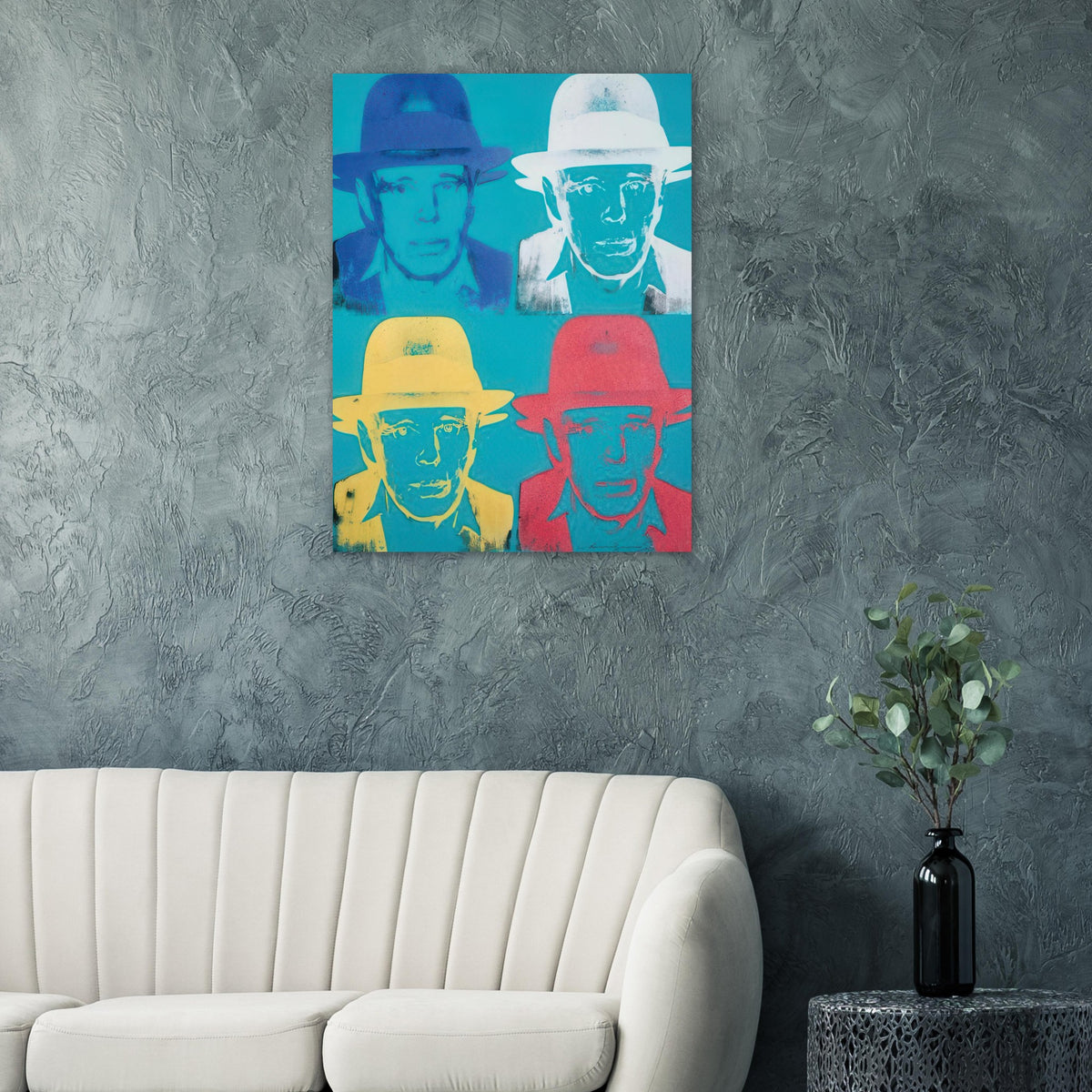Andy Warhol poster depicting the portrait is direct and intense: the hat and centered face make Beuys recognizable, while the print’s graphic treatment pushes the likeness toward iconography